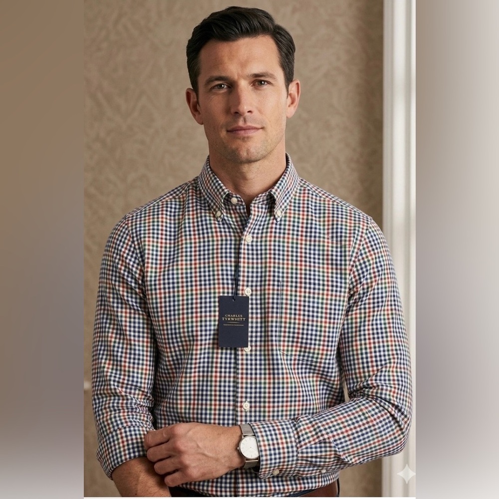 NWT Charles Tyrwhitt Multi Gingham Country Twill Classic Fit Non-Iron Shirt Sz L